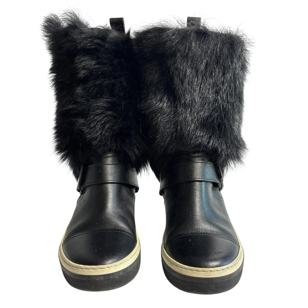 Jimmy Choo Black Leather Faux Fur Trim Mid Calf Boots‎ Size 35 Made in Italy